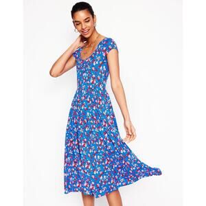 Boden Samantha Scoop Jersey Dress Cerulean Blue Painterly Posy Women’s Large 12